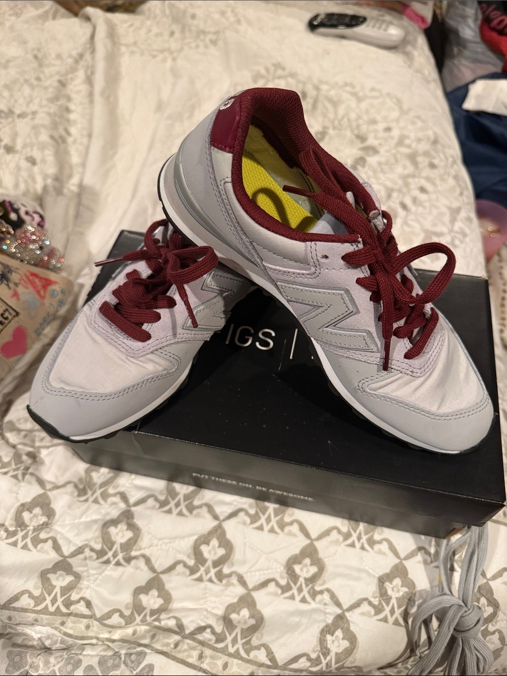 New Balance Women's Light Gray Sneakers with Burgundy Accents